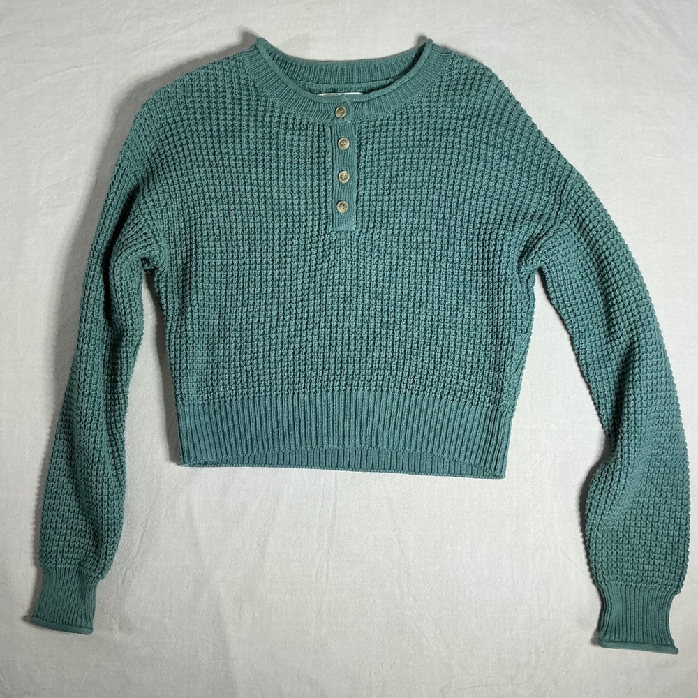Aeropostale Womens XS Teal Green Waffle Knit Cropped Henley Sweater Long Sleeve